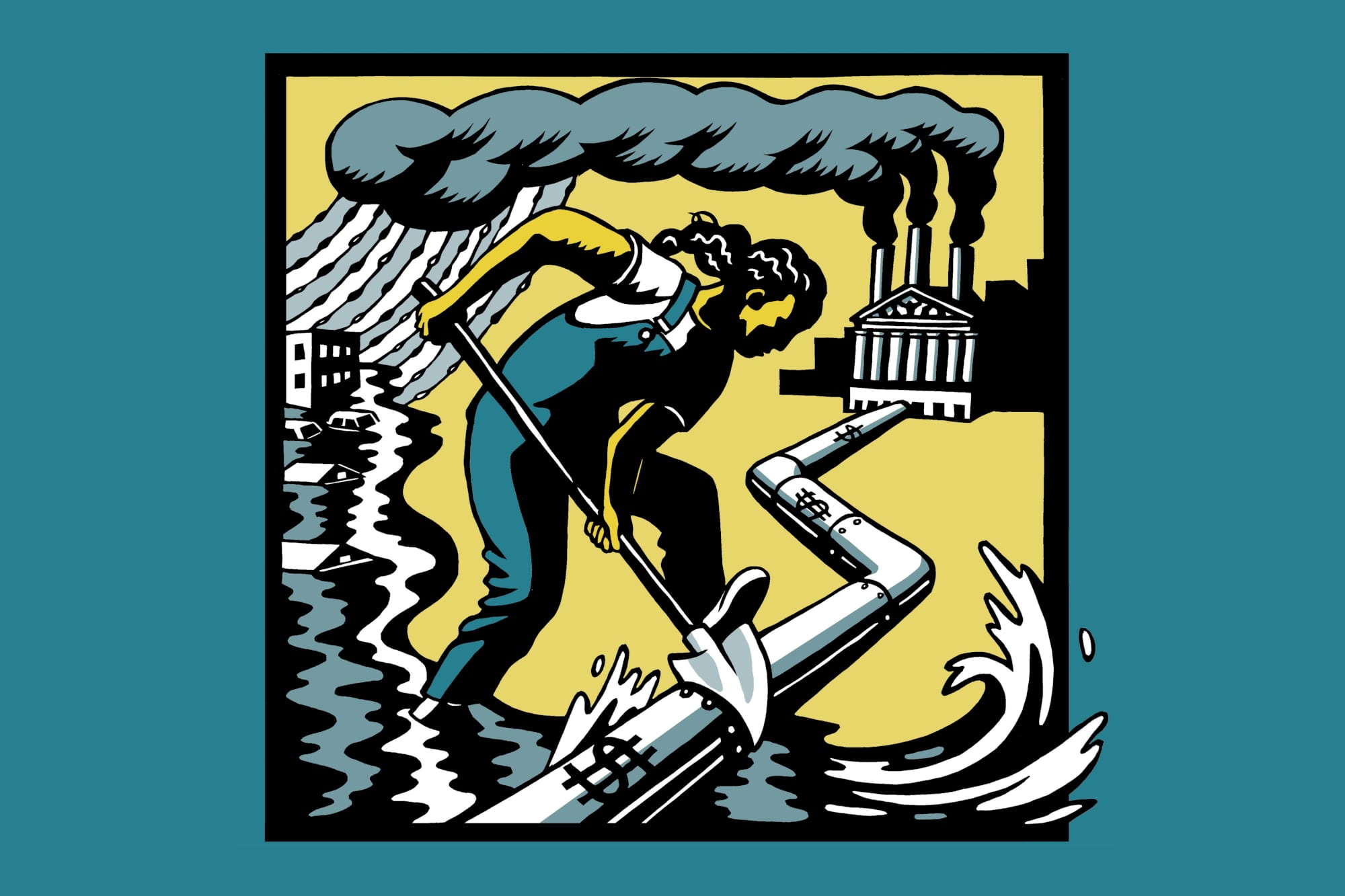 Graphic of woman cutting pipeline with shovel